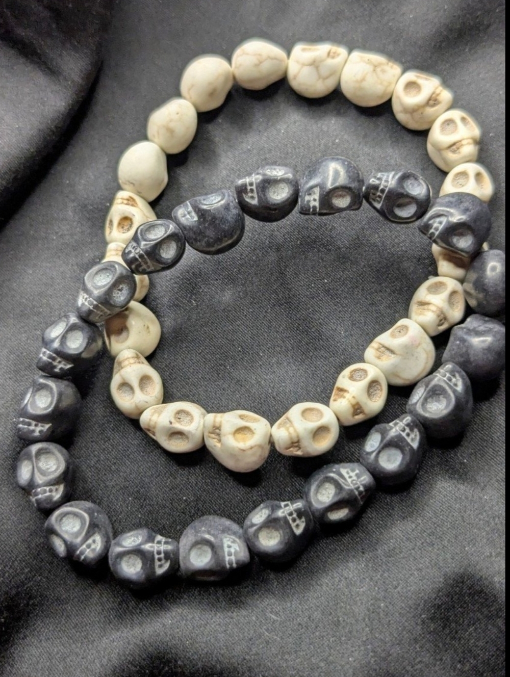 Handmade Unisex Black & Cream Skull Stretch Bracelets (Set of 2)